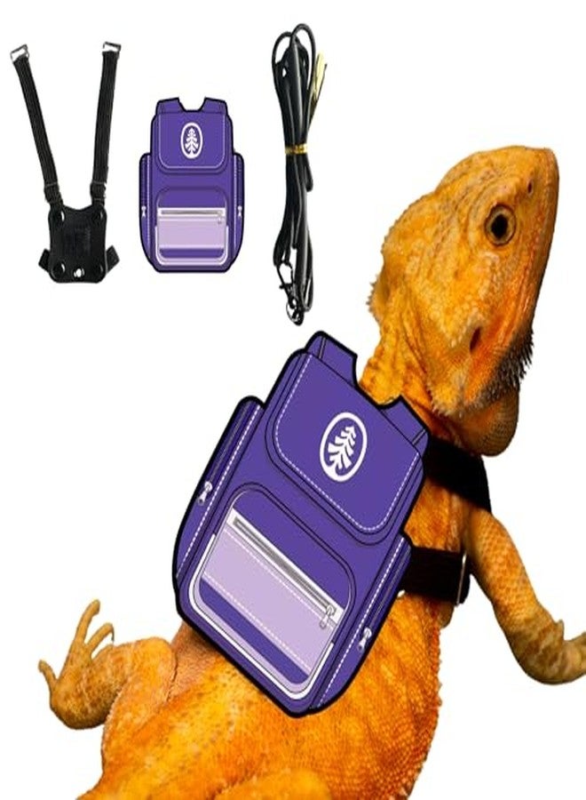 FORZENA Bearded Dragon Harness Leash Soft Leather Harness with Backpack Patch Adjustable Strap Outside Walk Training Leash for Reptile Lizard Amphibians (Purple) - Image 1